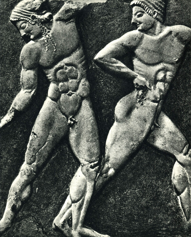 9. Сцена в палестре. Фрагмент рельефа. Мрамор. Около 510 г. до н. э