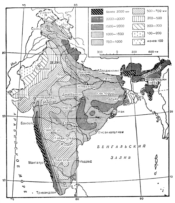Годовое количество осадков в Индии (из книги Г. N. Витвицкого 'Климаты зарубежной Азии')